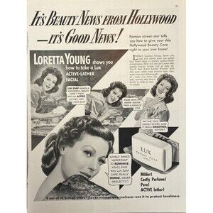 LUX Toilet Soap "Loretta Young: Lovely Skin Important to Romance" Print Ad 1941